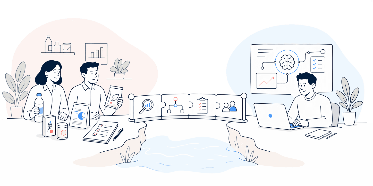 Business teams and practical AI delivery bridge illustration