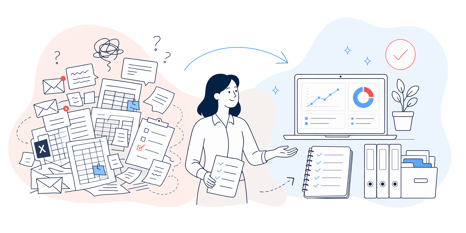 Messy manual workflow becoming clear illustration