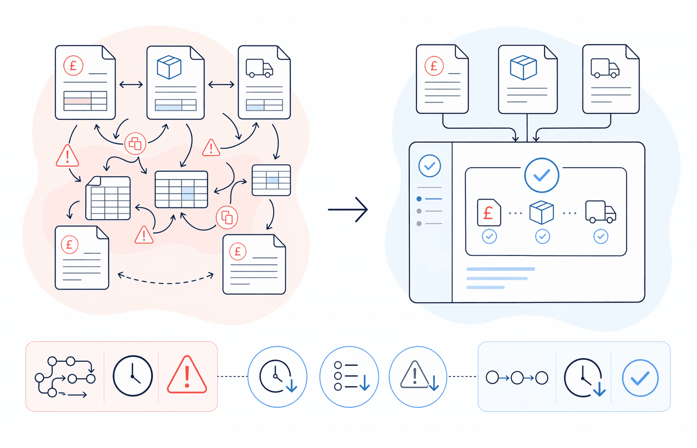 Before and after invoice matching workflow diagram comparing manual steps with an automated equivalent