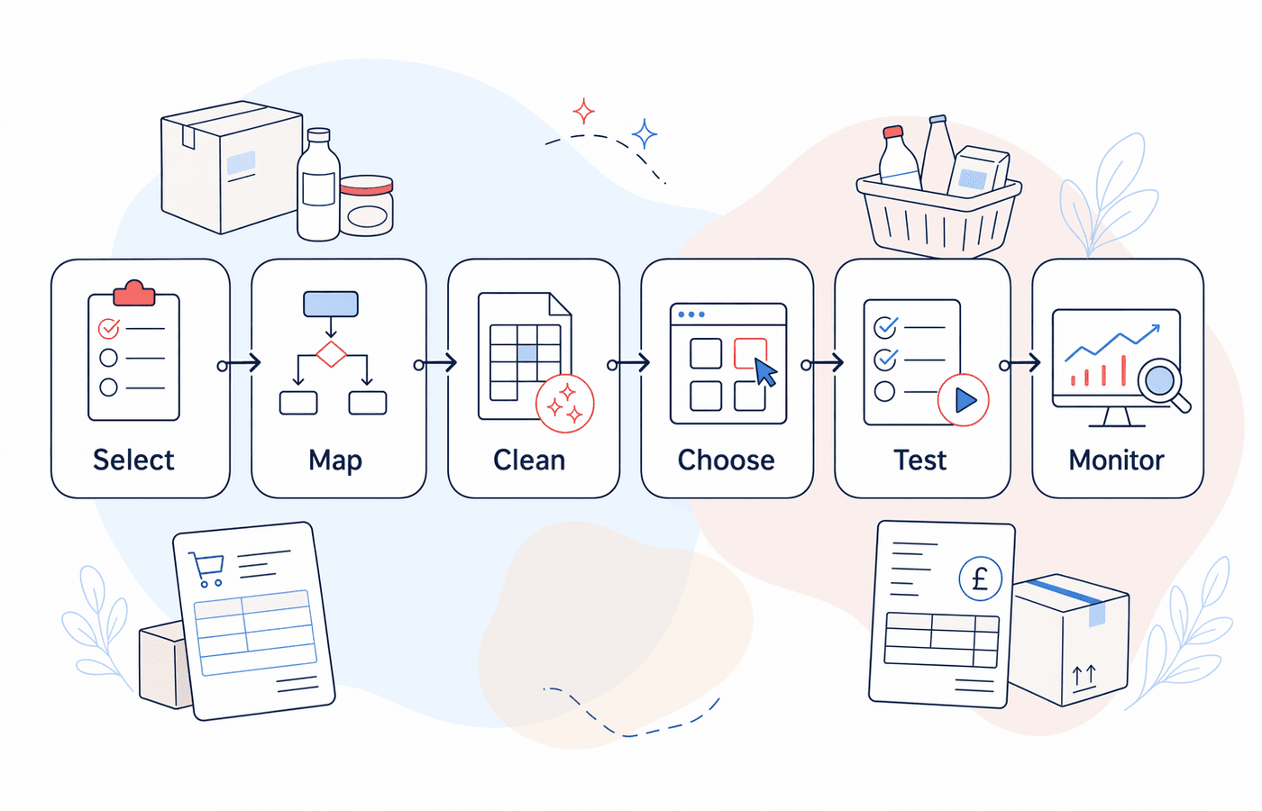 Six-step automation process diagram from process selection through monitoring